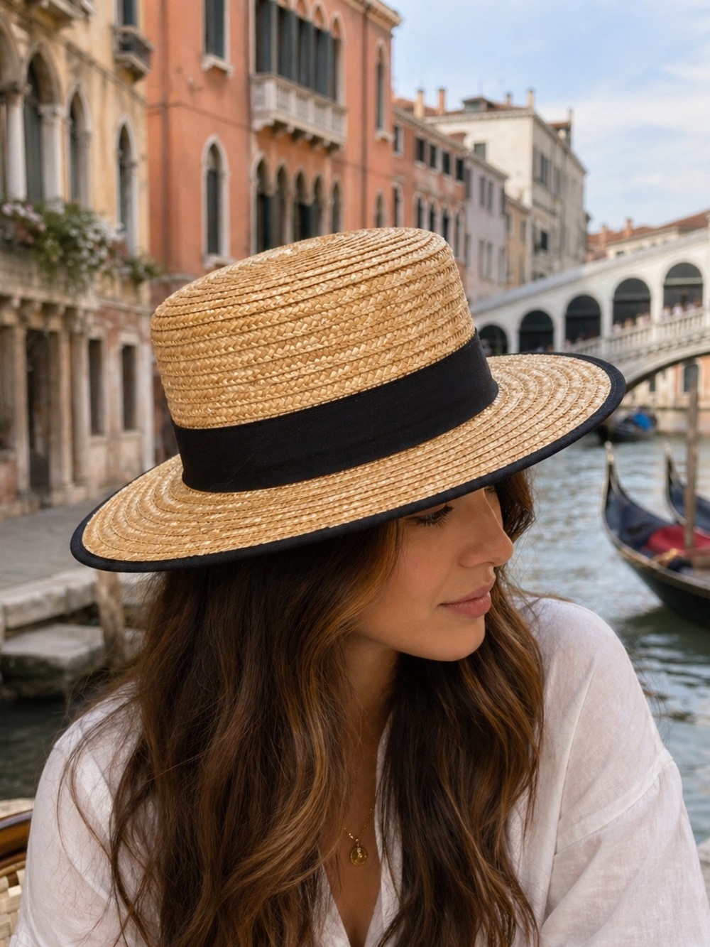 Women's Straw Boater Hat with Black Trim
